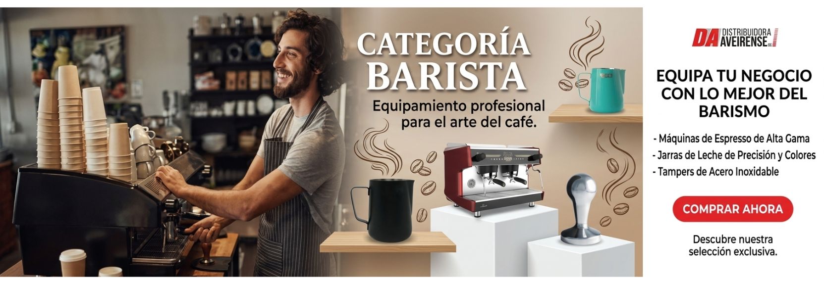 Lleva tu cafetería o restaurante al siguiente nivel con nuestra Categoría Barista. En Distribuidora Aveirense te ofrecemos las herramientas esenciales para dominar el arte del barismo: máquinas de espresso de alta gama, jarras de Pitcher de precisión, termos de acero inoxidable y complementos profesionales. Equipos diseñados para garantizar la consistencia, el sabor y la excelencia en cada taza que sirvas.